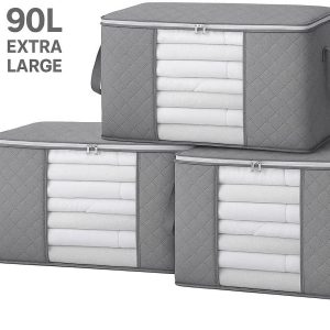 90L Extra Large Wardrobe Storage Bags Set of 3 Foldable Clothes Organizer with Reinforced Handles and Clear Window for Blankets Bedding