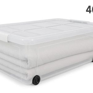 Hard Shell Plastic Underbed Storage Box with Lid 40L Large Capacity Rolling Flat Bin with Wheels for Bedding Organization Clear Design