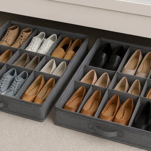 Underbed Shoe Storage Organizer with Clear Cover Set of 2 Fabric Dividers for 24 Pairs of Shoes Space Saving Under Bed Closet Gray