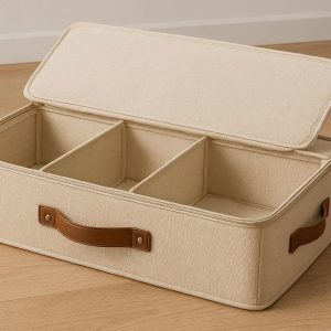 Breathable Canvas Underbed Storage Chest with Removable Dividers Large Soft Storage Box for Clothes Bedding and Toys with Leather Handles