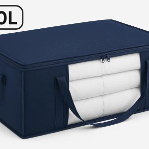 60L Extra Large Underbed Storage Bag with 3 Reinforced Handles Heavy Duty Fabric Clothes Organizer for Bulky Comforters Blankets Navy