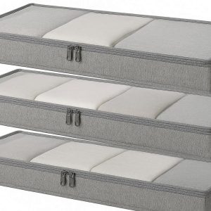 Slim Underbed Storage Box with 2 Way Zippers Low Profile Fabric Clothes Organizer with Clear Top for Small Spaces and Low Beds Set of 3