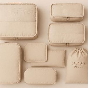 8 Set Luggage Packing Cubes with Shoe Bag and Laundry Pouch Lightweight Travel Organizer Bags for Suitcases Compression Mesh Cubes Beige