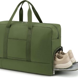 Foldable Travel Duffel Bag with Shoe Compartment Large Waterproof Weekend Carry On Bag with Trolley Sleeve for Gym Sport Luggage Green