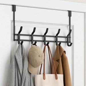 Over the Door Hook Organizer with 5 Hooks Heavy Duty Metal Hanging Rack for Coats Hats Bags and Robes Space Saving Door Hanger