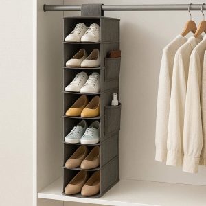 Hanging Shoe Organizer for Wardrobe Closet 10 Tier Narrow Storage Shelves for 10 Pairs of Shoes Space Saving Fabric Rack with Side Pockets