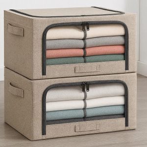 Foldable Wardrobe Clothes Organizer with Steel Frame Set of 2 Fabric Storage Boxes with Clear Window and Handles for Stackable Closet